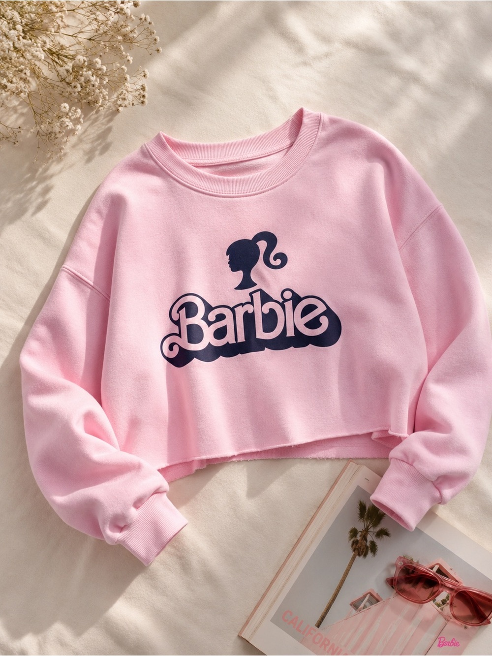 Barbie Pink Cropped Sweatshirt – Crewneck, Oversized, Vintage Logo – Large